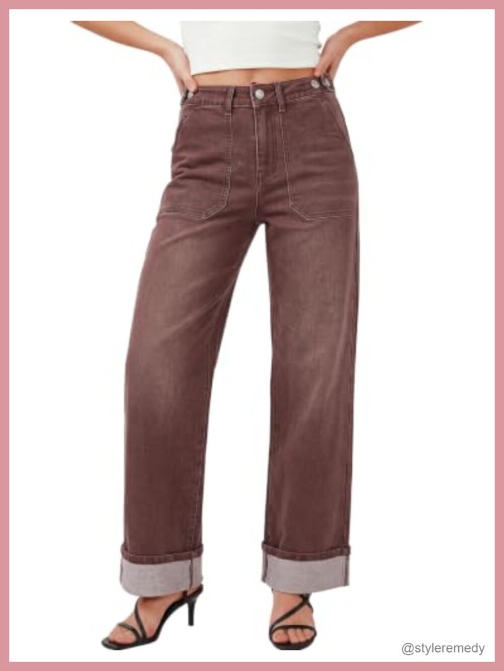 High Rise Straight Leg Jeans with Adjustable Waist and Cuff Hem
